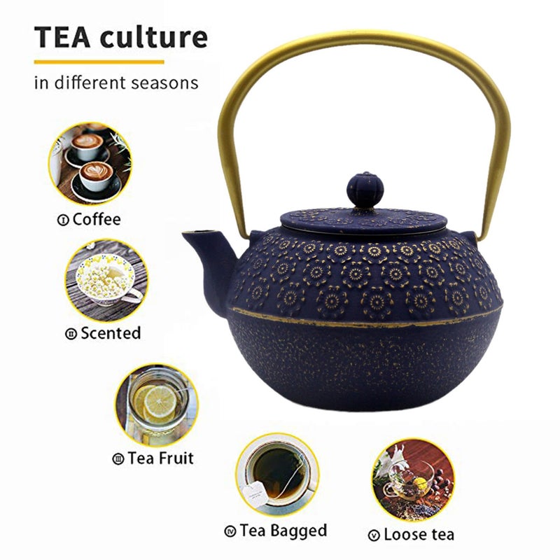 YJX 33.8oz Small Cast Iron Tea Kettle for Stovetop, Japanese Tetsubin Tea Pot Coated with Enameled Interior, Durable Cast Iron Teapot with Stainless Steel Infuser for Loose Tea and Tea Bags(1000ml) - Image 4